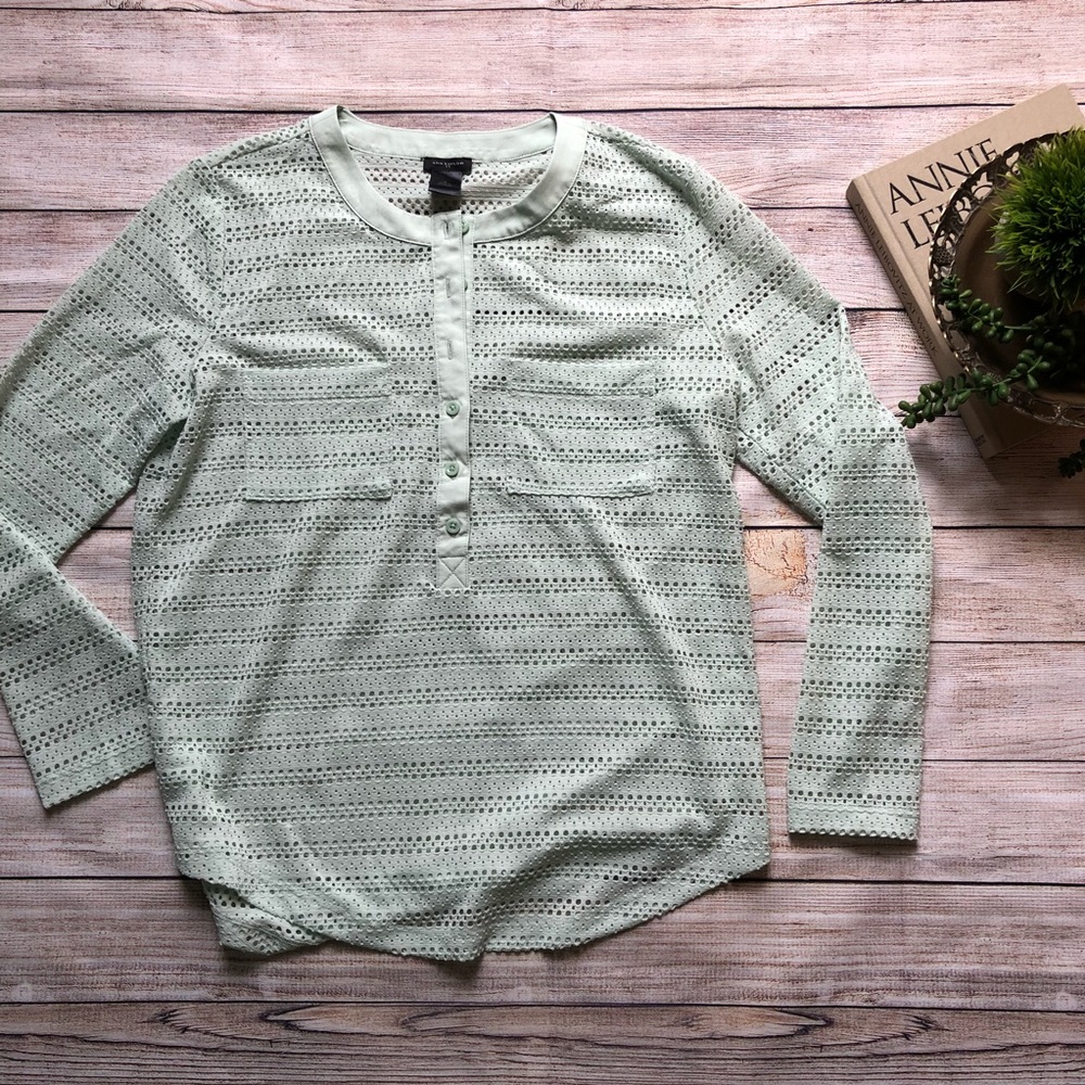 Ann Taylor sea foam green eyelet blouse medium